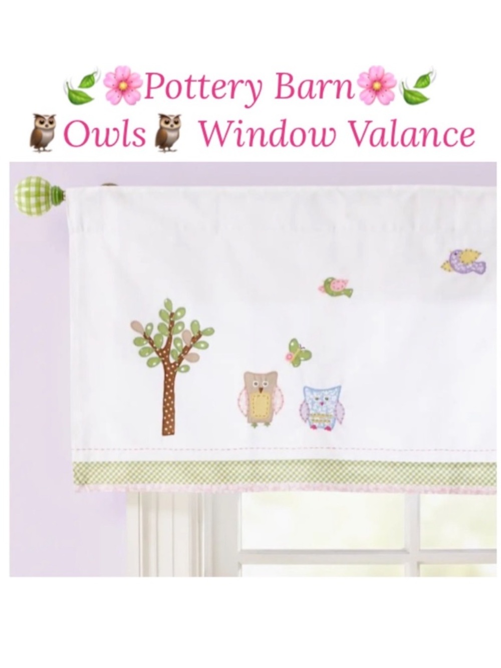 2 Pottery Barn Kids Window Owl Valance Decor Curtains White Green Set of Two